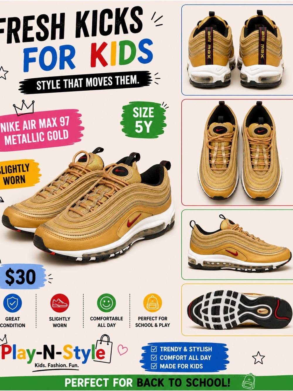 Nike Metallic Gold and Red Air Max 97 Kids Sneakers